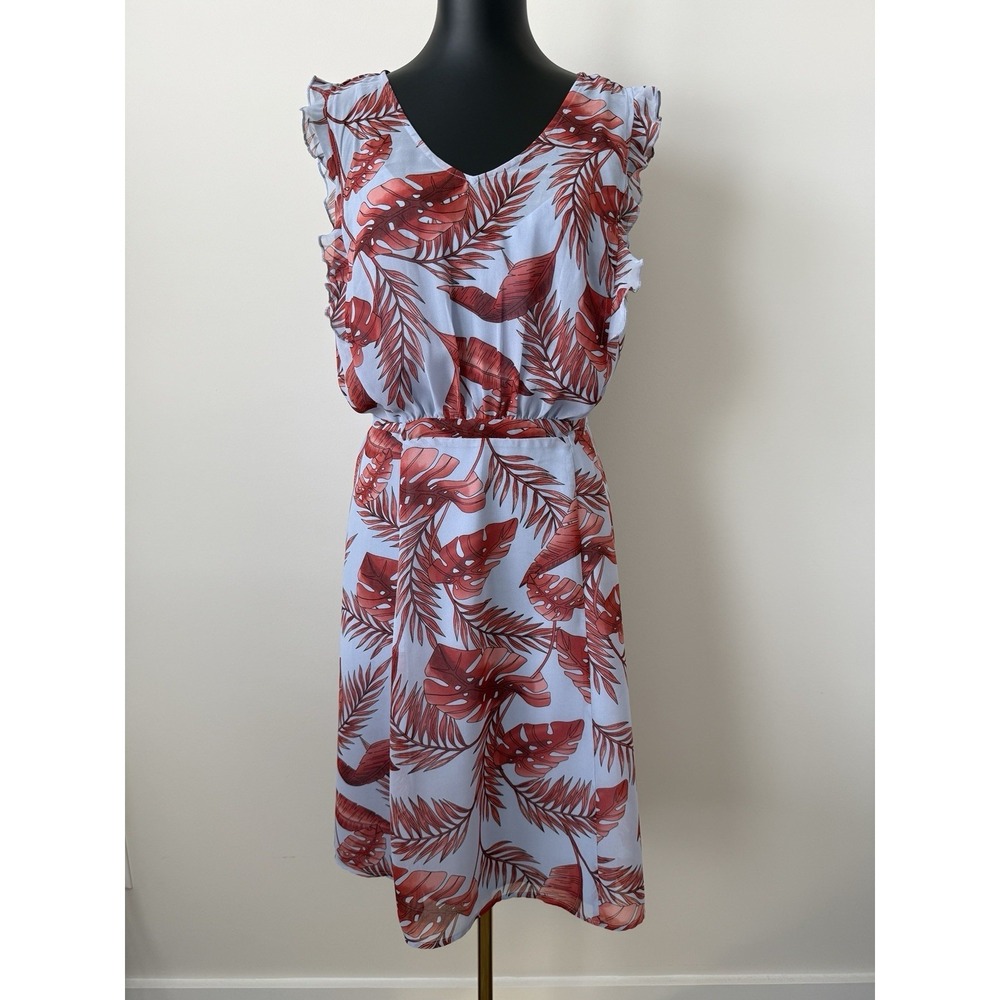 Cabi Isabel Palm Leaf Blue Island Floral A-Line Dress Women's Large NWOT